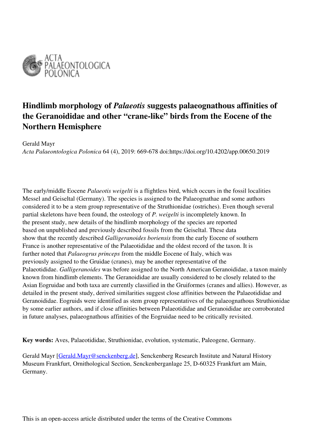 Hindlimb Morphology of Palaeotis Suggests Palaeognathous Affinities of the Geranoididae and Other “Crane-Like” Birds from the Eocene of the Northern Hemisphere