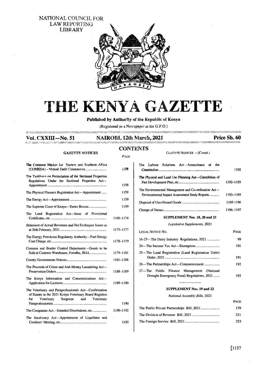 THE KENYA GAZETTE Published by Authority of the Republic of Kenya (Registered As a Newspaper at the G.P.O.) � Vol