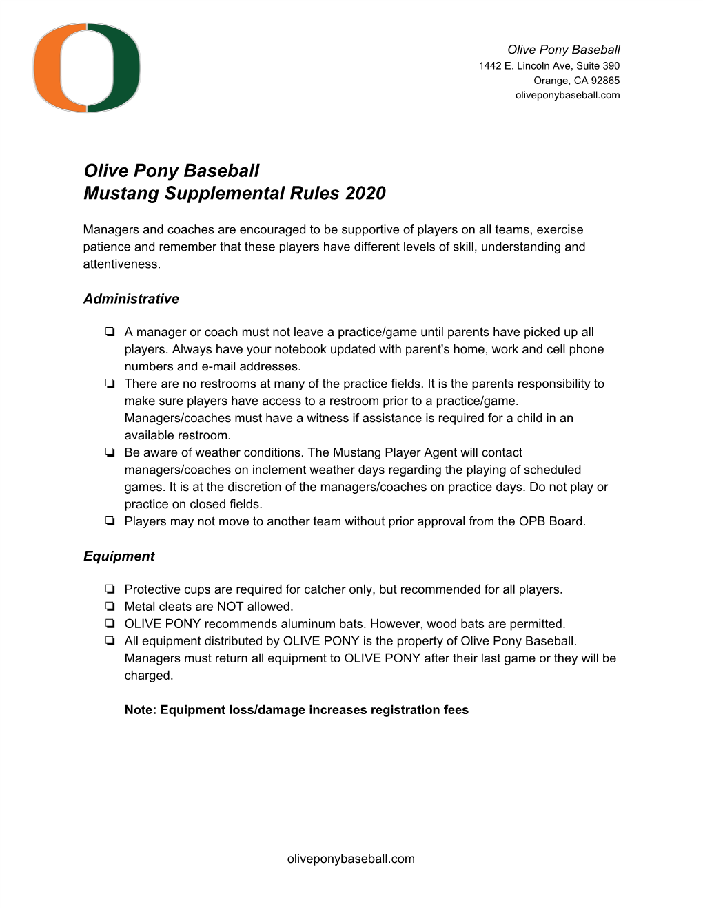 Olive Pony Baseball Mustang Supplemental Rules 2020