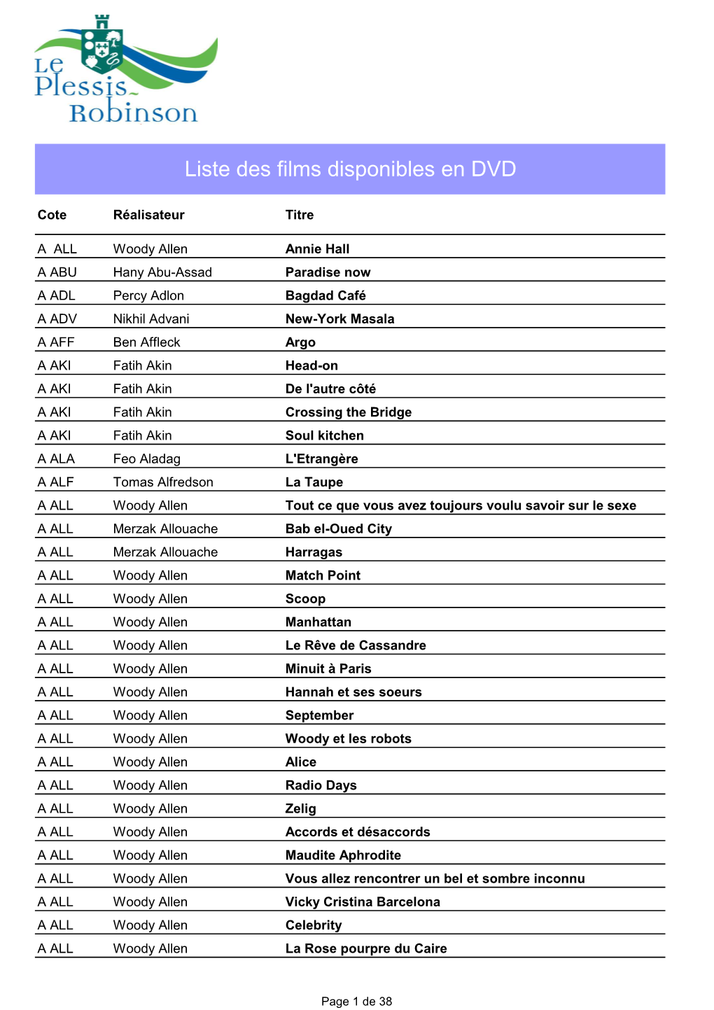 Liste DVD Films