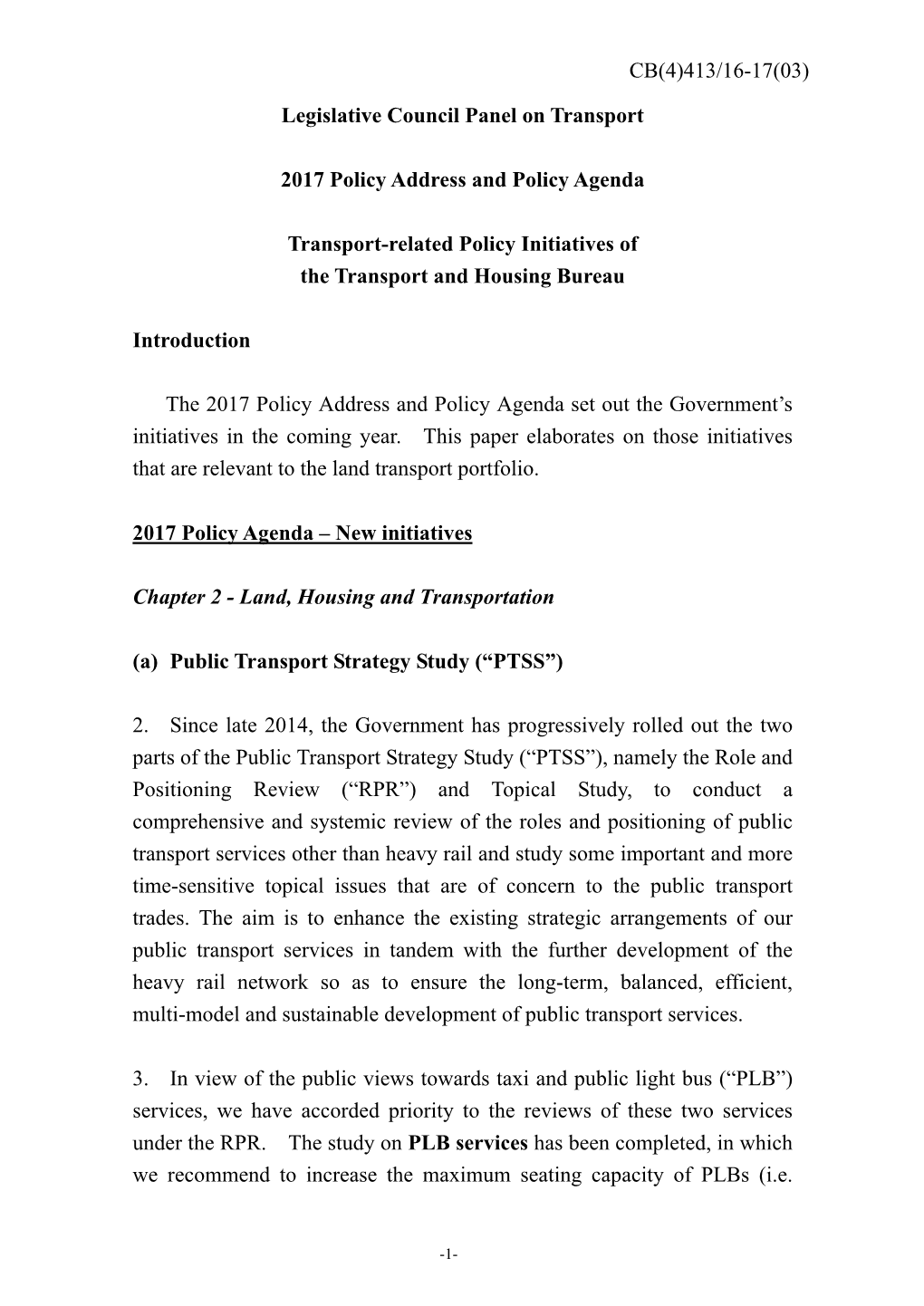 Legislative Council Panel on Transport 2017 Policy Address And
