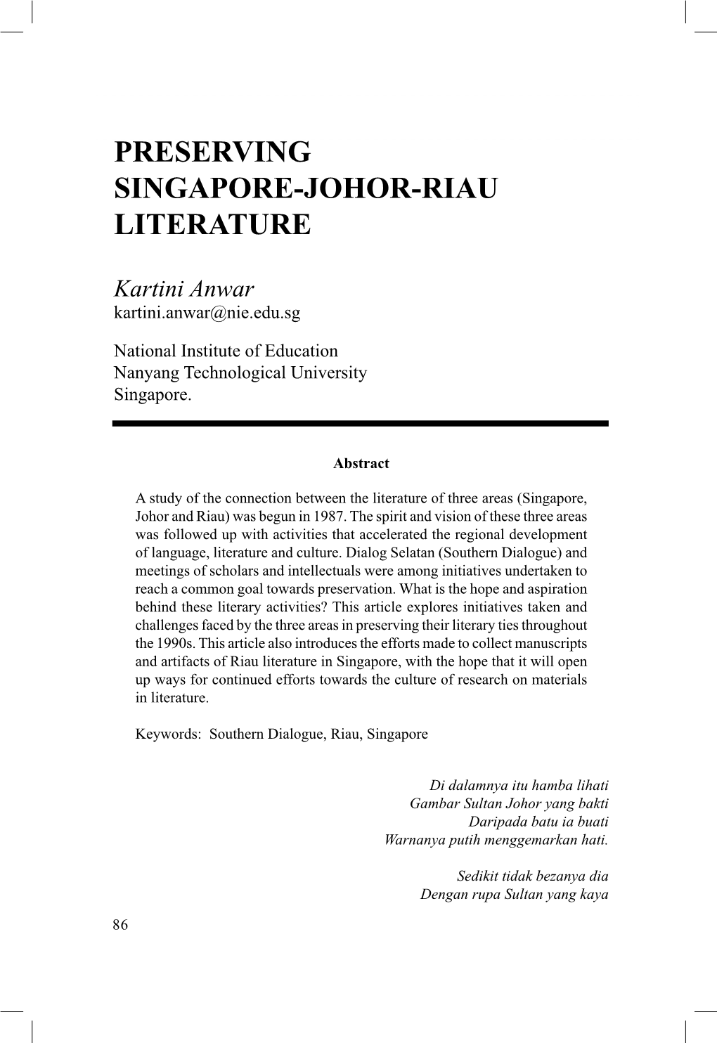 Preserving Singapore-Johor-Riau Literature