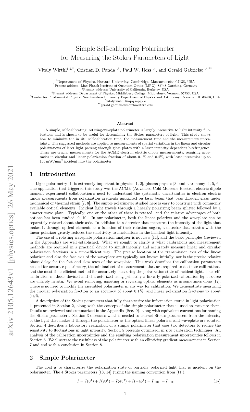 Simple Self-Calibrating Polarimeter for Measuring the Stokes Parameters of Light