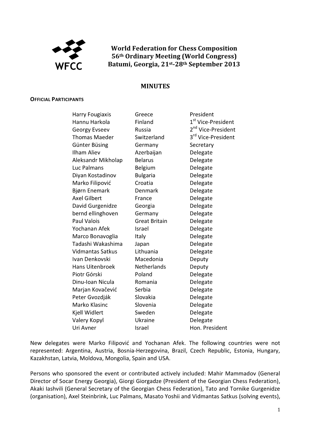 World Federation for Chess Composition 56Th Ordinary Meeting