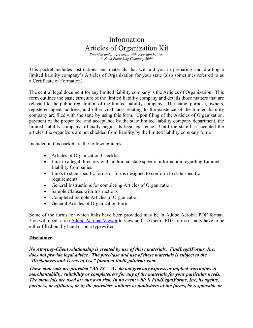 Articles Of Organization Kit - AL