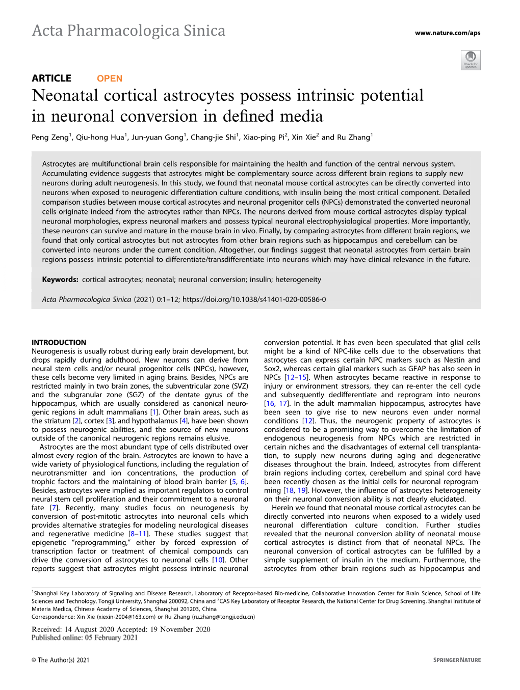 Neonatal Cortical Astrocytes Possess Intrinsic Potential in Neuronal Conversion in Deﬁned Media