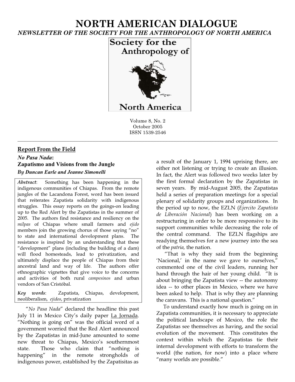 North American Dialogue Newsletter of the Society for the Anthropology of North America