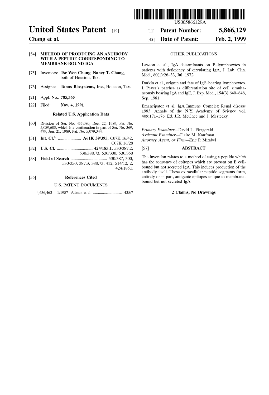 United States Patent (19) 11 Patent Number: 5,866,129 Chang Et Al