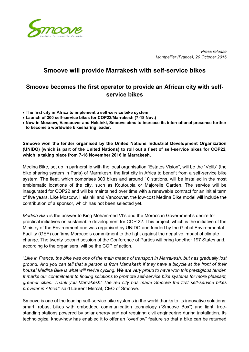 Smoove Will Provide Marrakesh with Self-Service Bikes