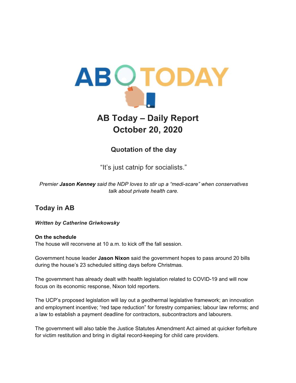 AB Today – Daily Report October 20, 2020