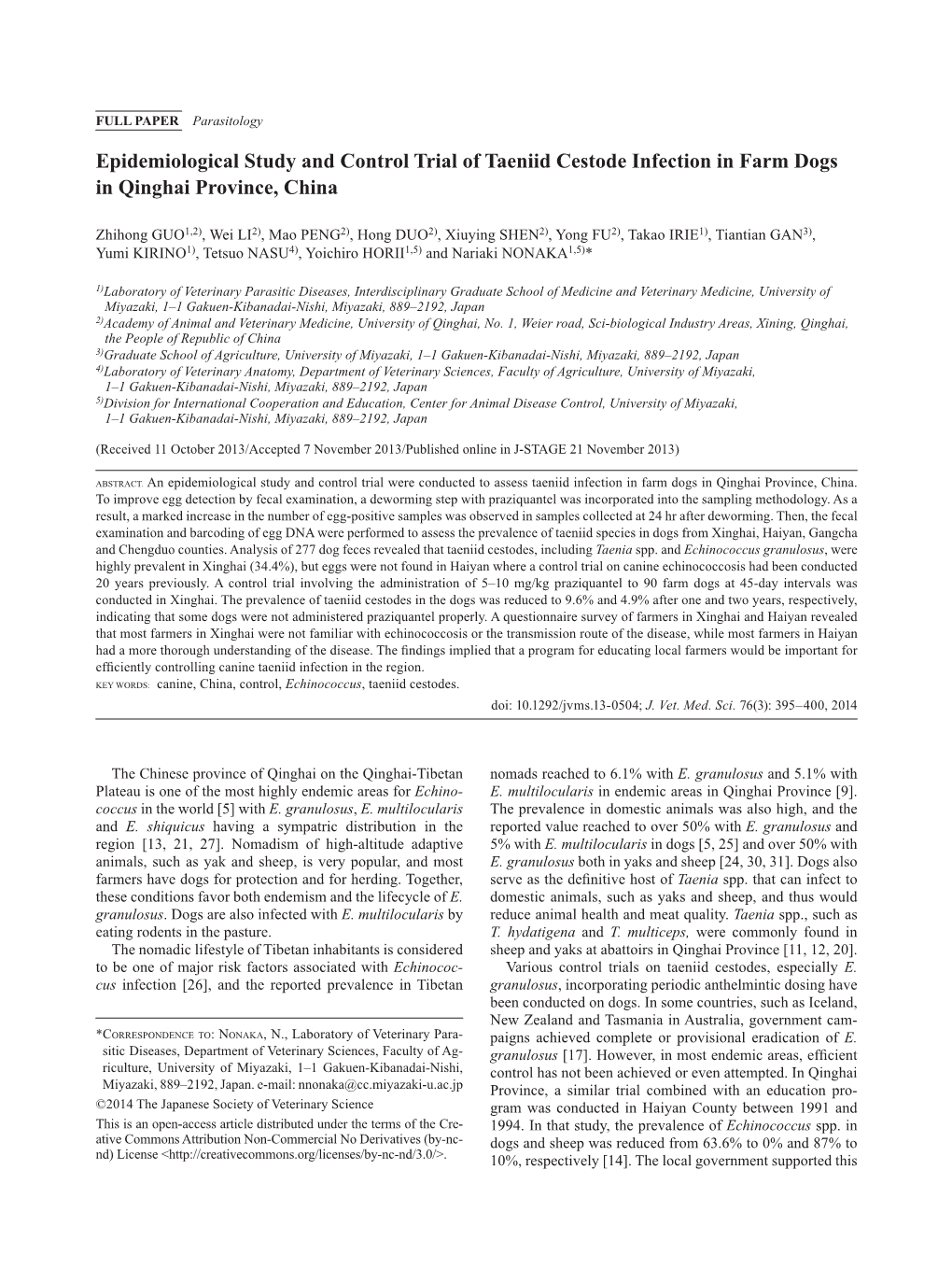 Epidemiological Study and Control Trial of Taeniid Cestode Infection in Farm Dogs in Qinghai Province, China