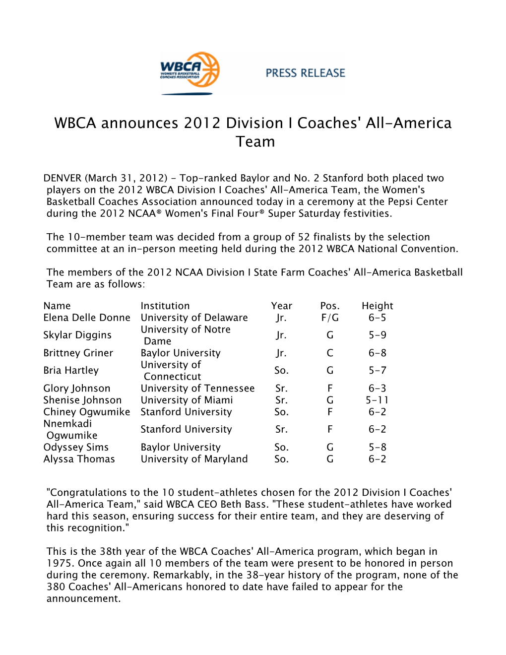 WBCA Announces 2012 Division I Coaches' All-America Team 2011-12 033112