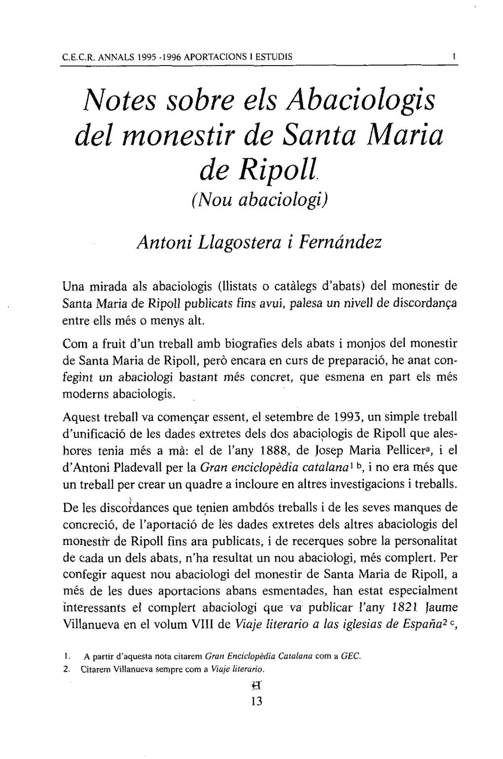 Notes Sobre Els Abaciologis Del Rnonestir De Santa Maria De Ripoll