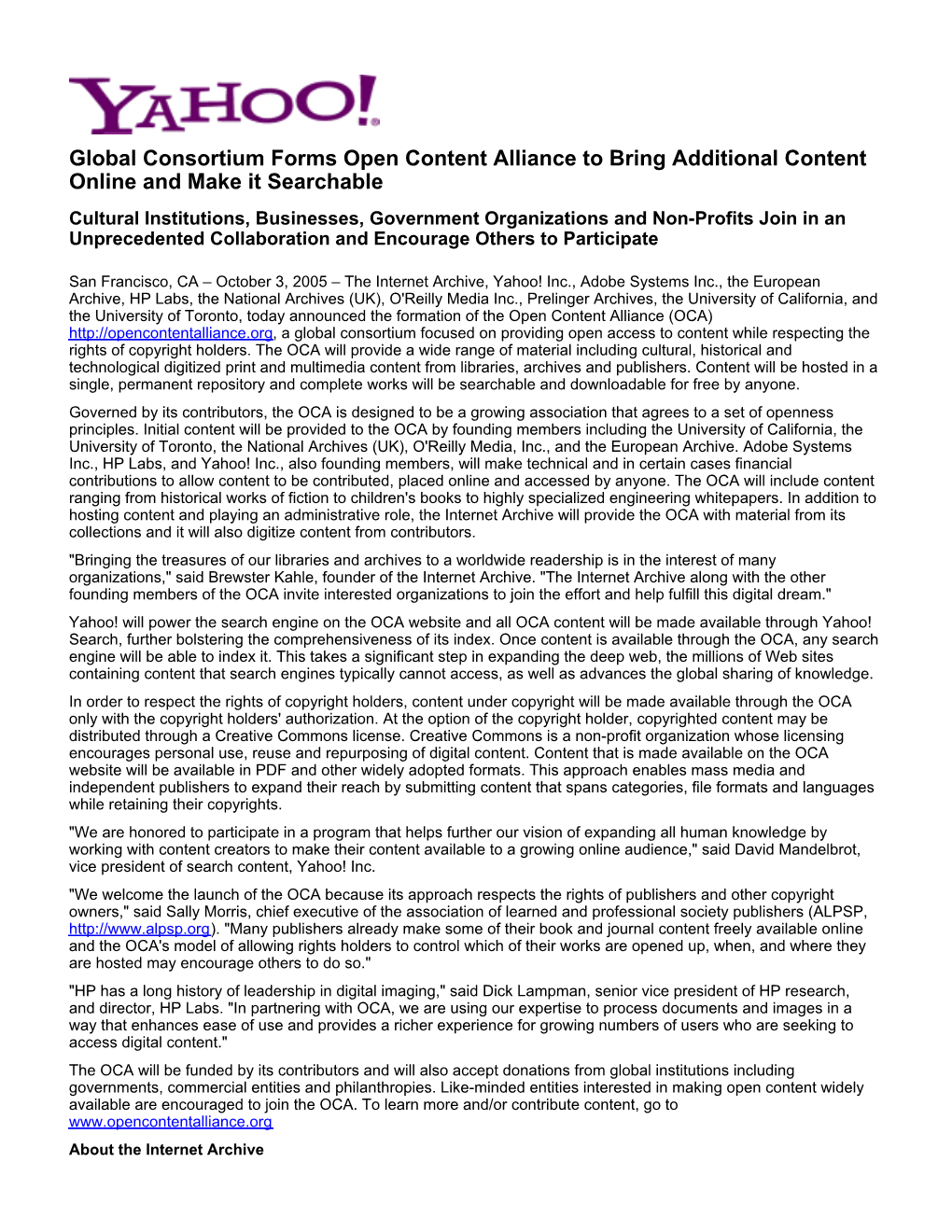Global Consortium Forms Open Content Alliance to Bring Additional