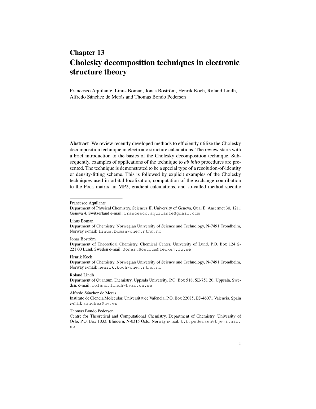 Cholesky Decomposition Techniques in Electronic Structure Theory