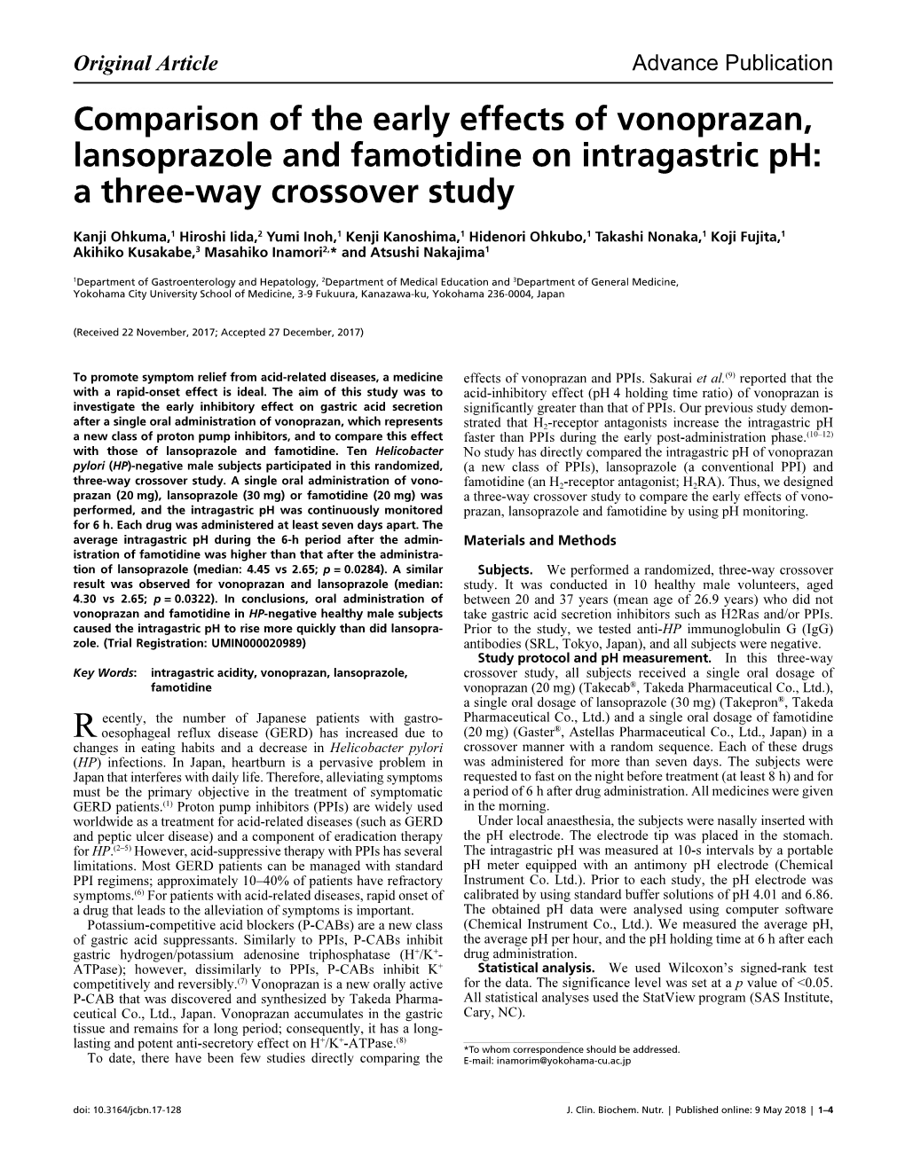 Comparison of the Early Effects of Vonoprazan, Lansoprazole