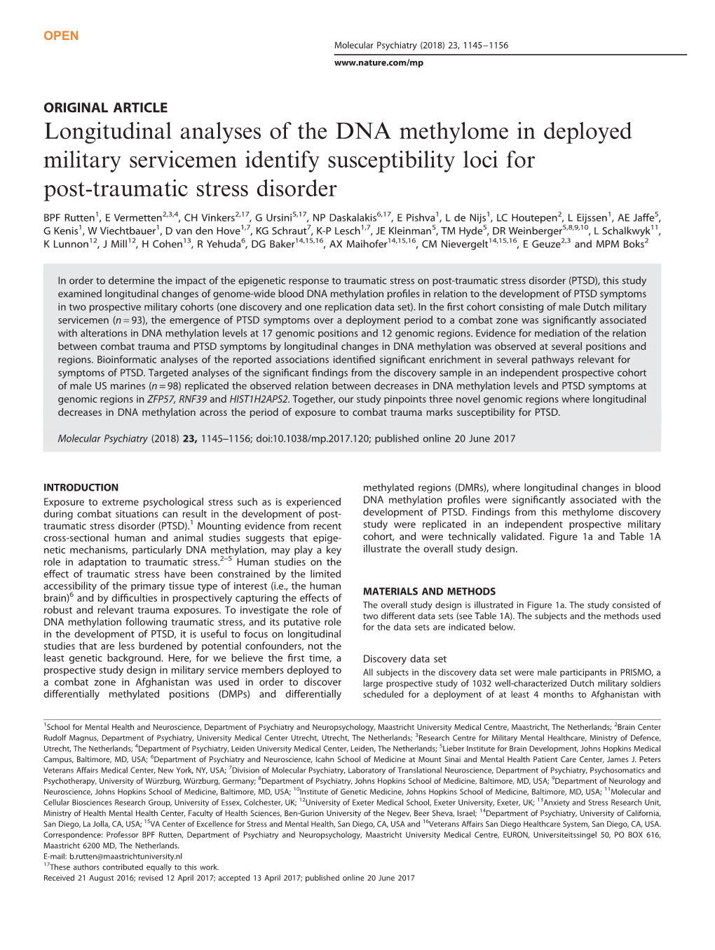 Longitudinal Analyses of the DNA Methylome in Deployed Military Servicemen Identify Susceptibility Loci for Post-Traumatic Stress Disorder