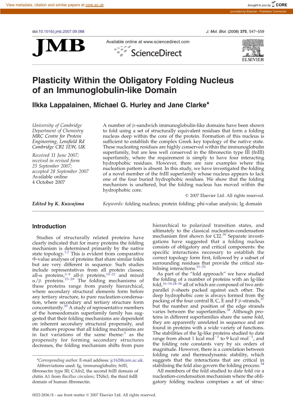 Plasticity Within the Obligatory Folding Nucleus of an Immunoglobulin-Like Domain