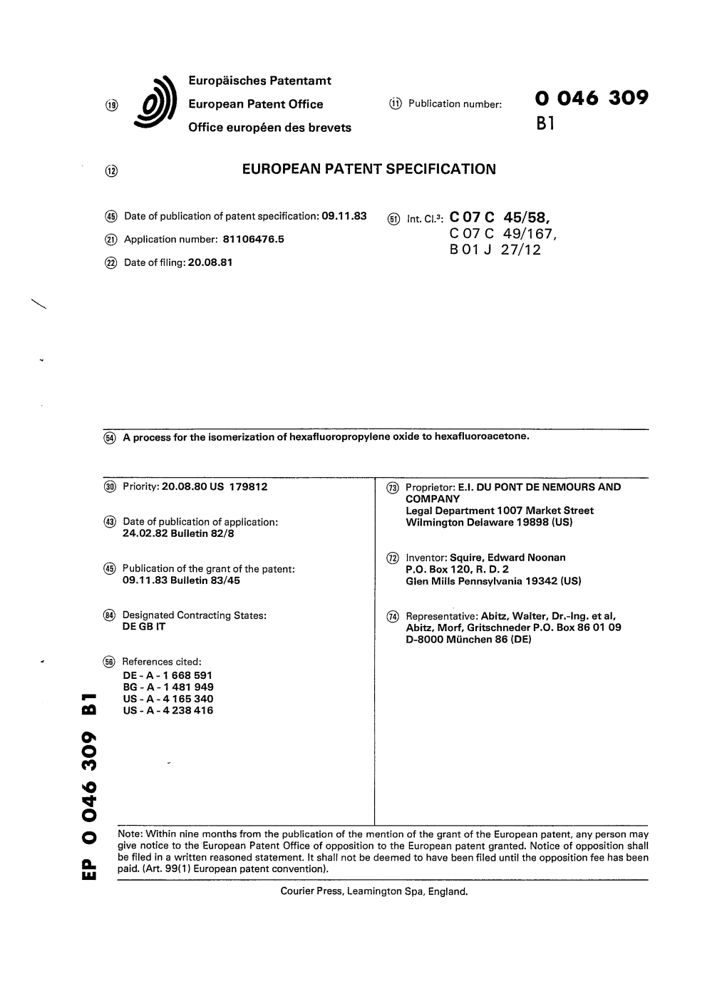 A Process for the Isomerization of Hexafluoropropylene Oxide to Hexafluoroacetone