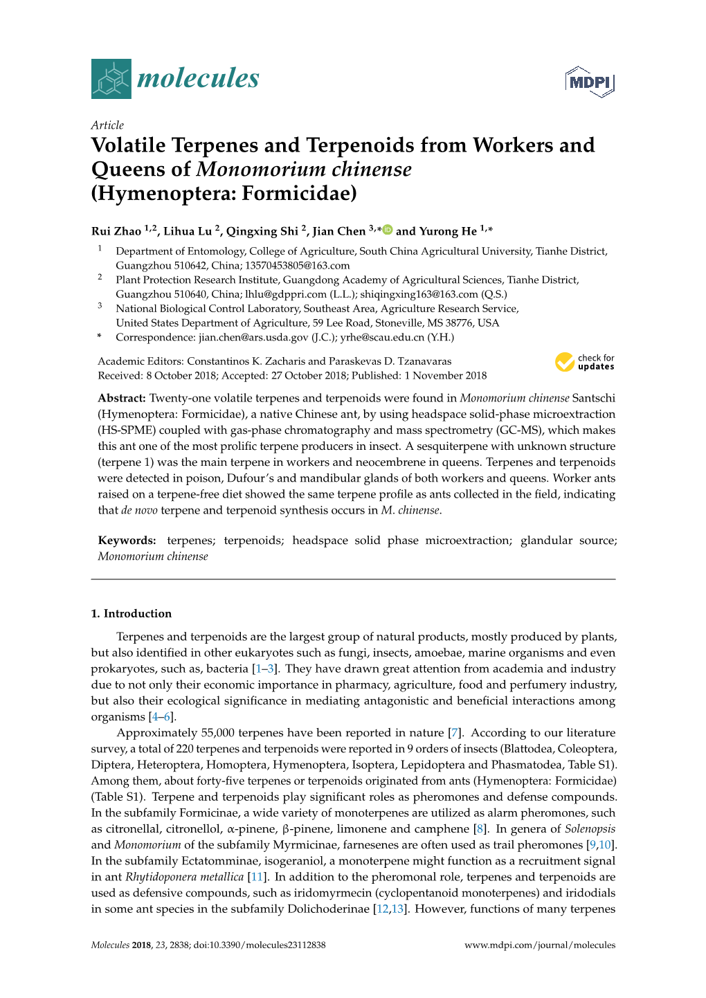 Volatile Terpenes and Terpenoids from Workers and Queens of Monomorium Chinense (Hymenoptera: Formicidae)