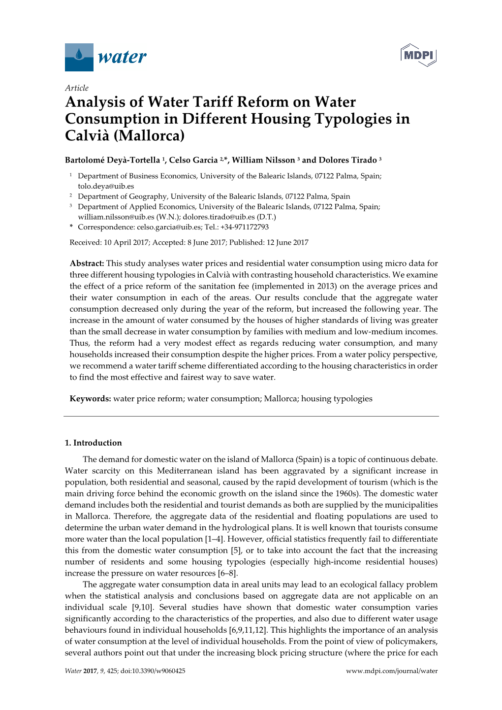 Analysis of Water Tariff Reform on Water Consumption in Different Housing Typologies in Calvià (Mallorca)