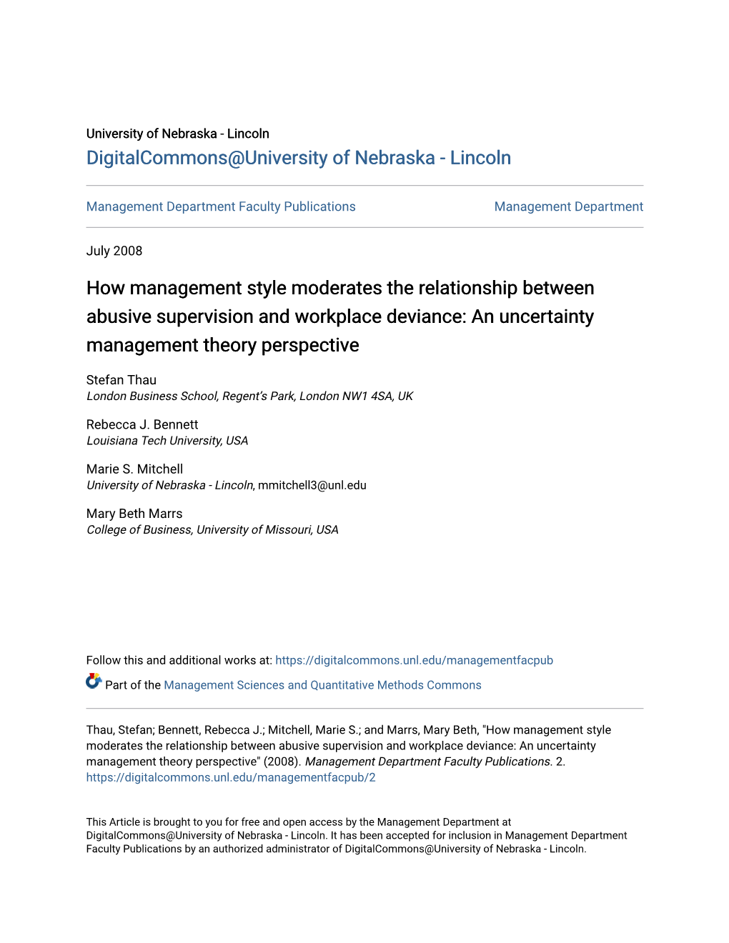 How Management Style Moderates the Relationship Between Abusive Supervision and Workplace Deviance: an Uncertainty Management Theory Perspective