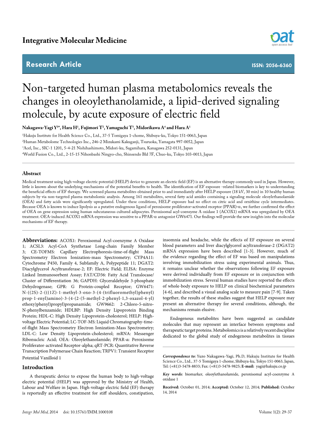 Non-Targeted Human Plasma Metabolomics Reveals the Changes