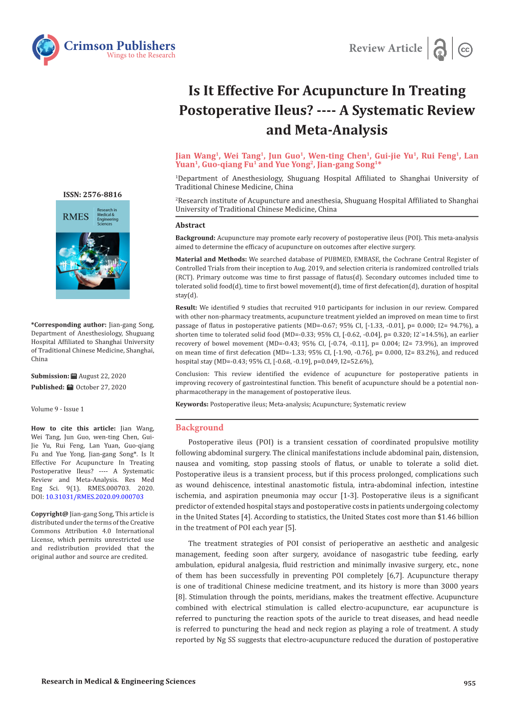 Is It Effective for Acupuncture in Treating Postoperative Ileus? ---A Systematic Review and Meta-Analysis