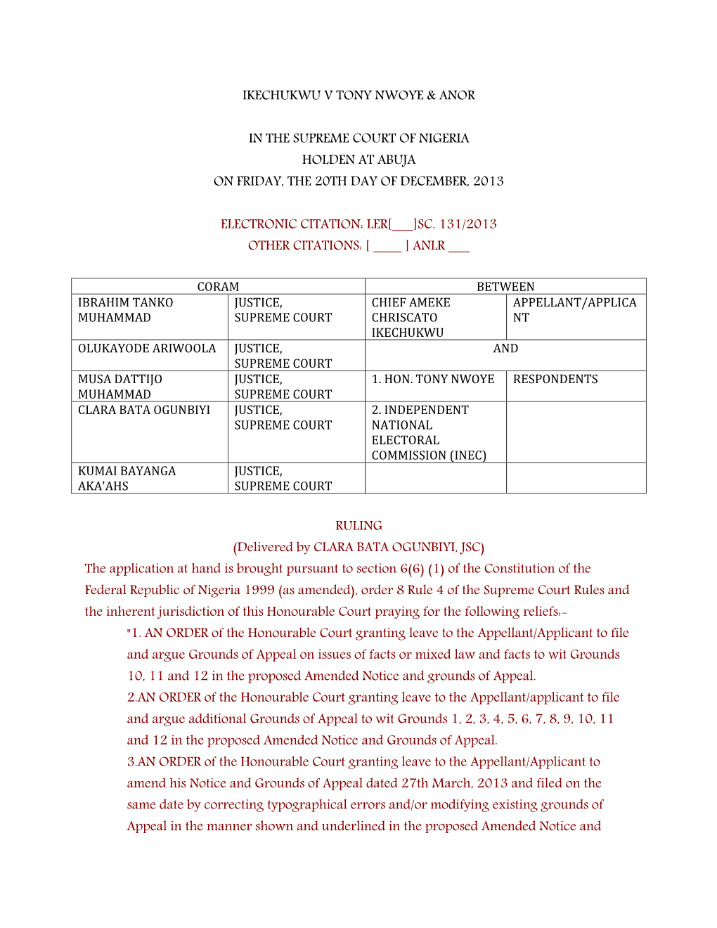 Ikechukwu V Tony Nwoye & Anor in the Supreme Court