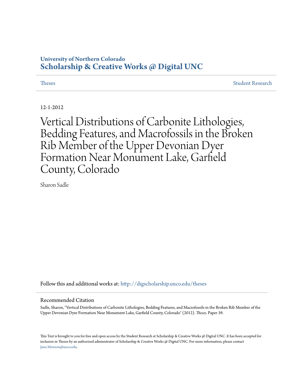 Vertical Distributions of Carbonite Lithologies, Bedding Features, and Macrofossils in the Broken Rib Member of the Upper Devoni