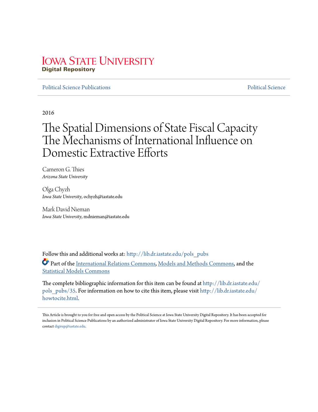 The Spatial Dimensions of State Fiscal Capacity the Mechanisms Of