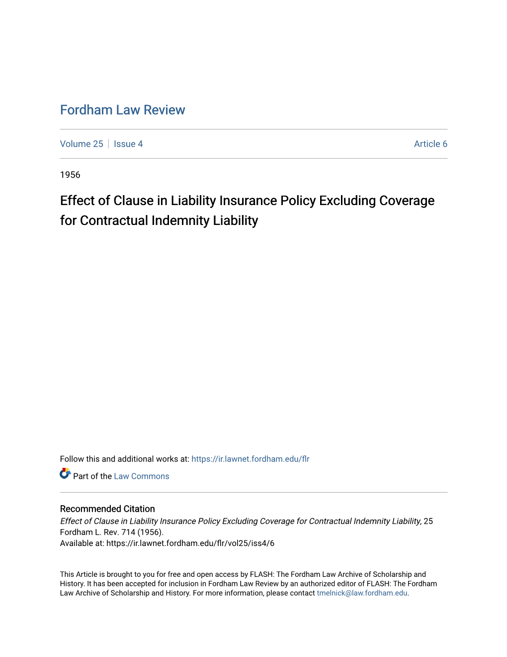 Effect of Clause in Liability Insurance Policy Excluding Coverage for Contractual Indemnity Liability