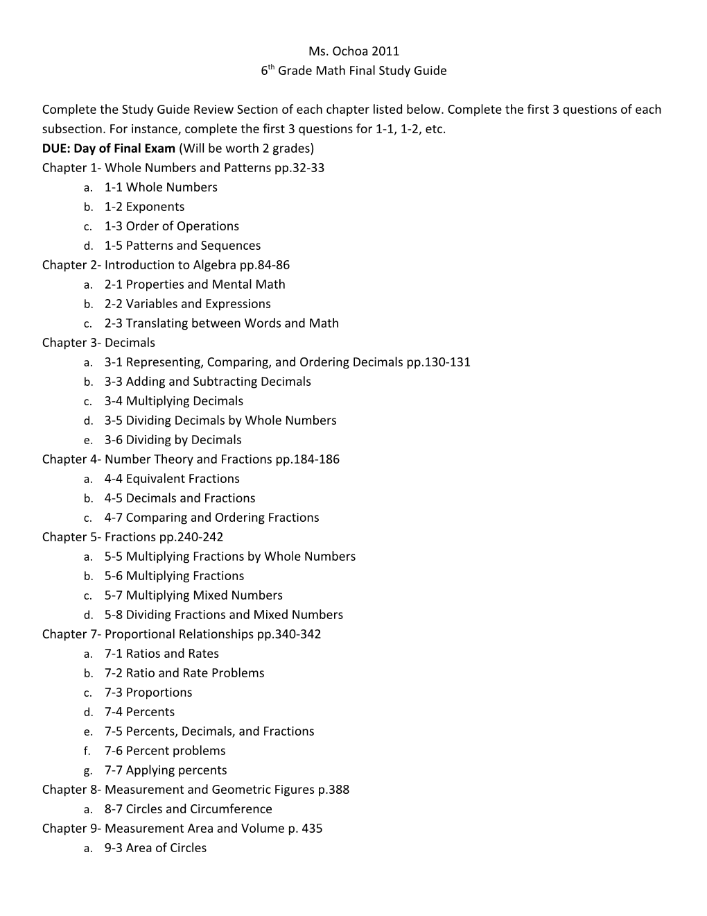 6Th Grade Math Final Study Guide