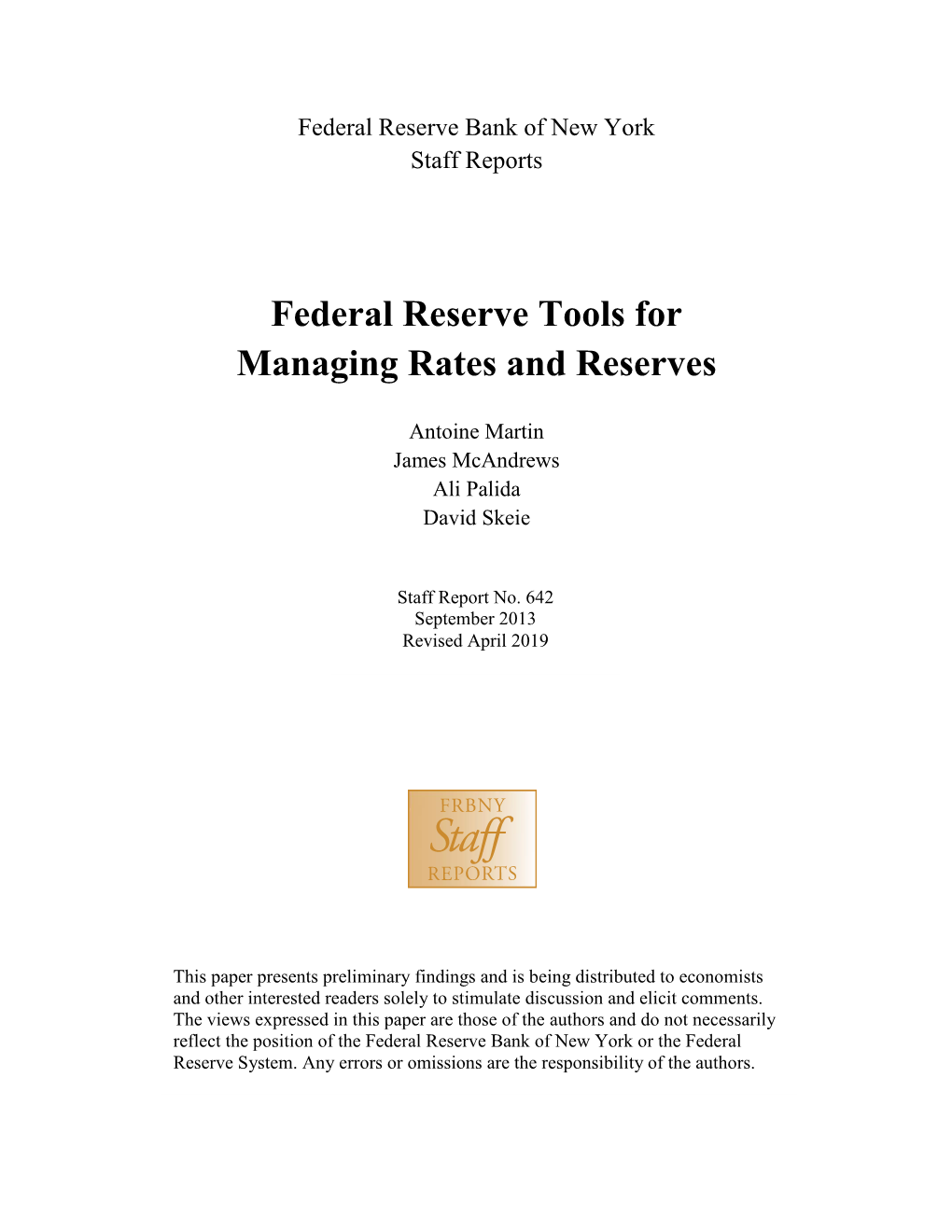 Federal Reserve Tools for Managing Rates and Reserves