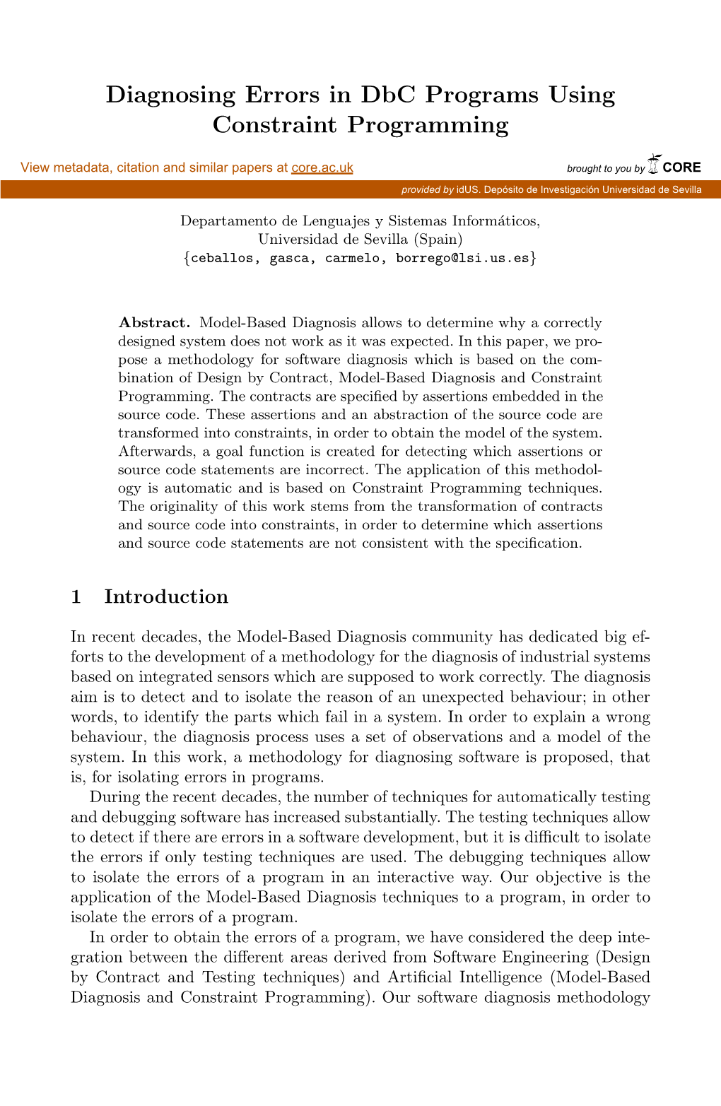 Diagnosing Errors in Dbc Programs Using Constraint Programming