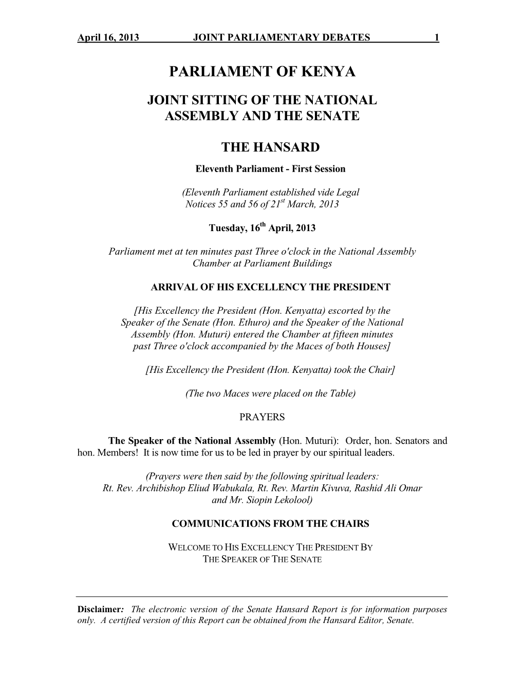 Joint Sitting of the National Assembly and the Senate the Hansard