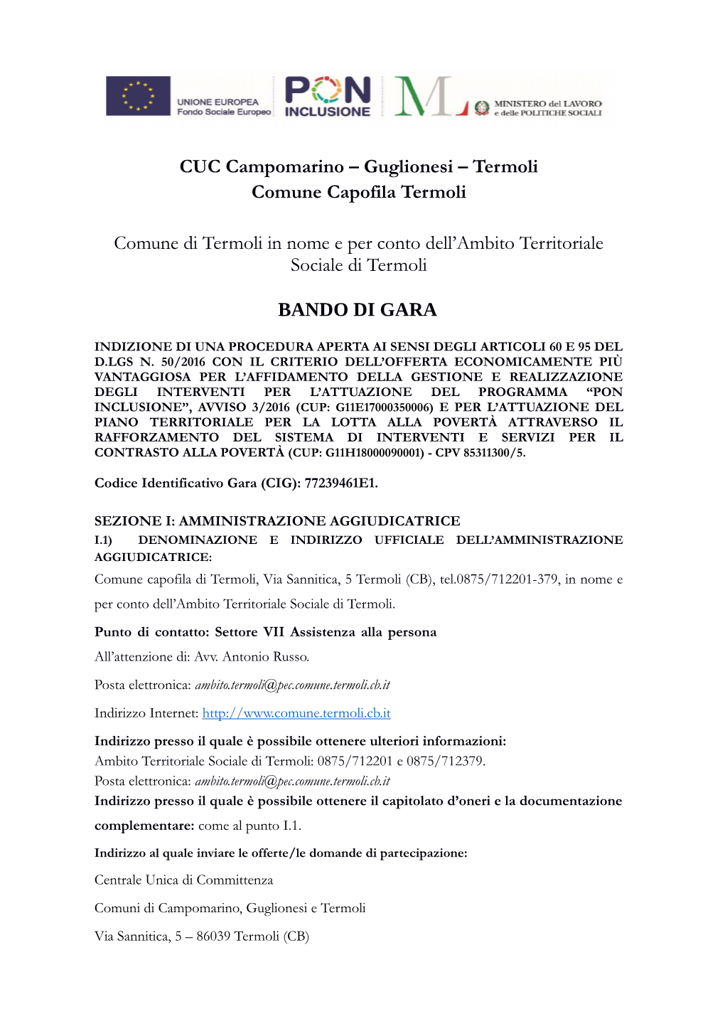 CUC Campomarino – Guglionesi – Termoli Comune Capofila Termoli