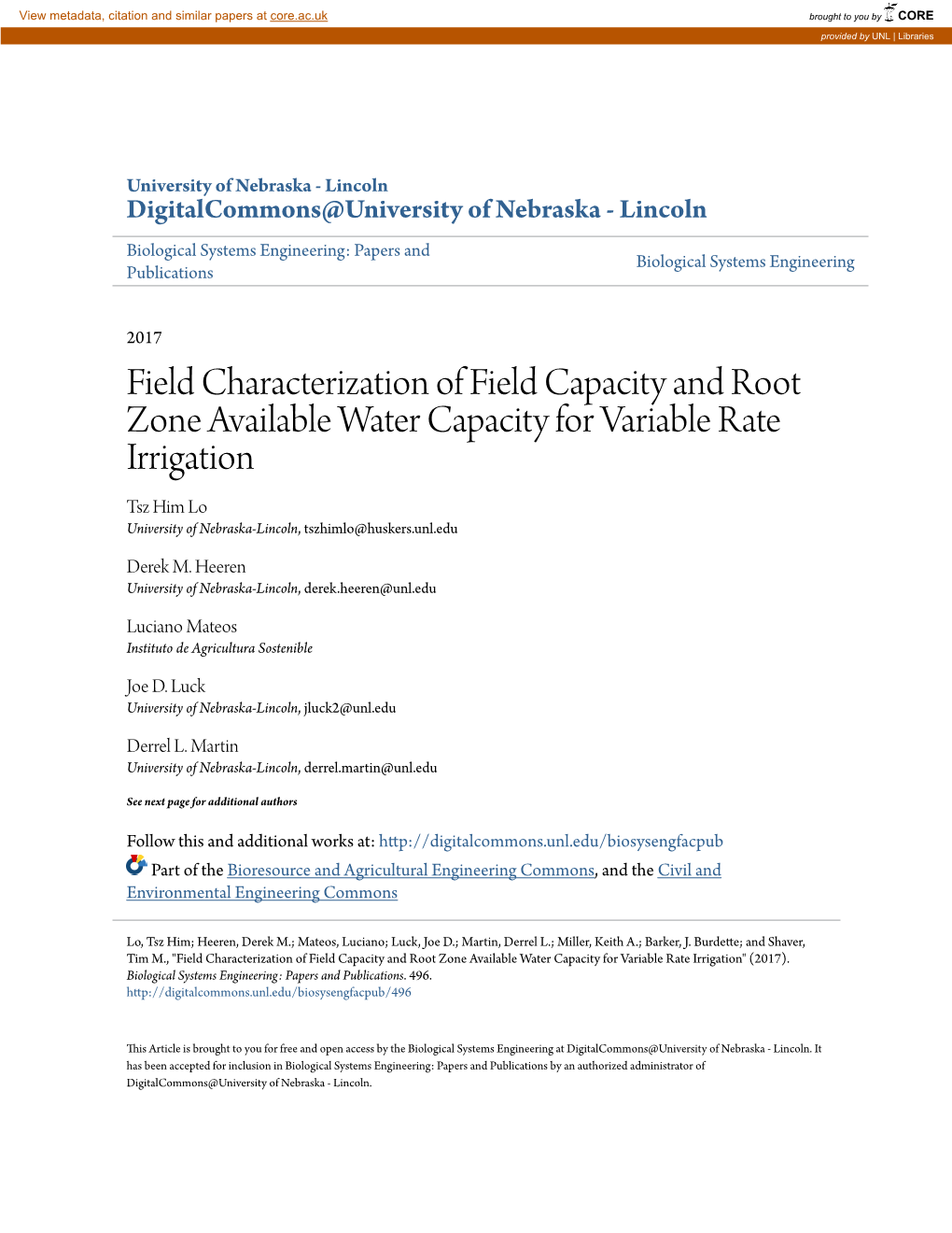 Field Characterization of Field Capacity and Root Zone Available