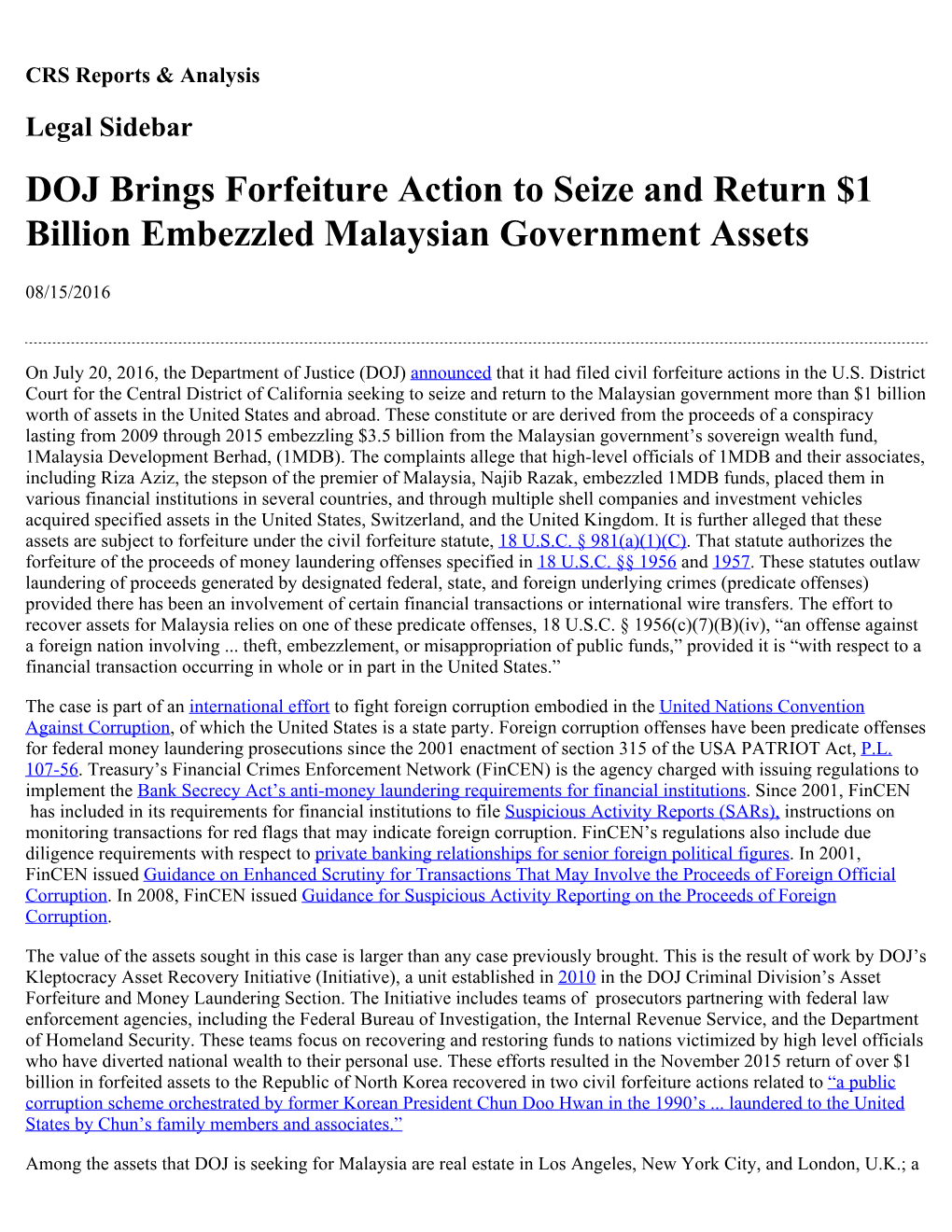 DOJ Brings Forfeiture Action to Seize and Return $1 Billion Embezzled Malaysian Government Assets