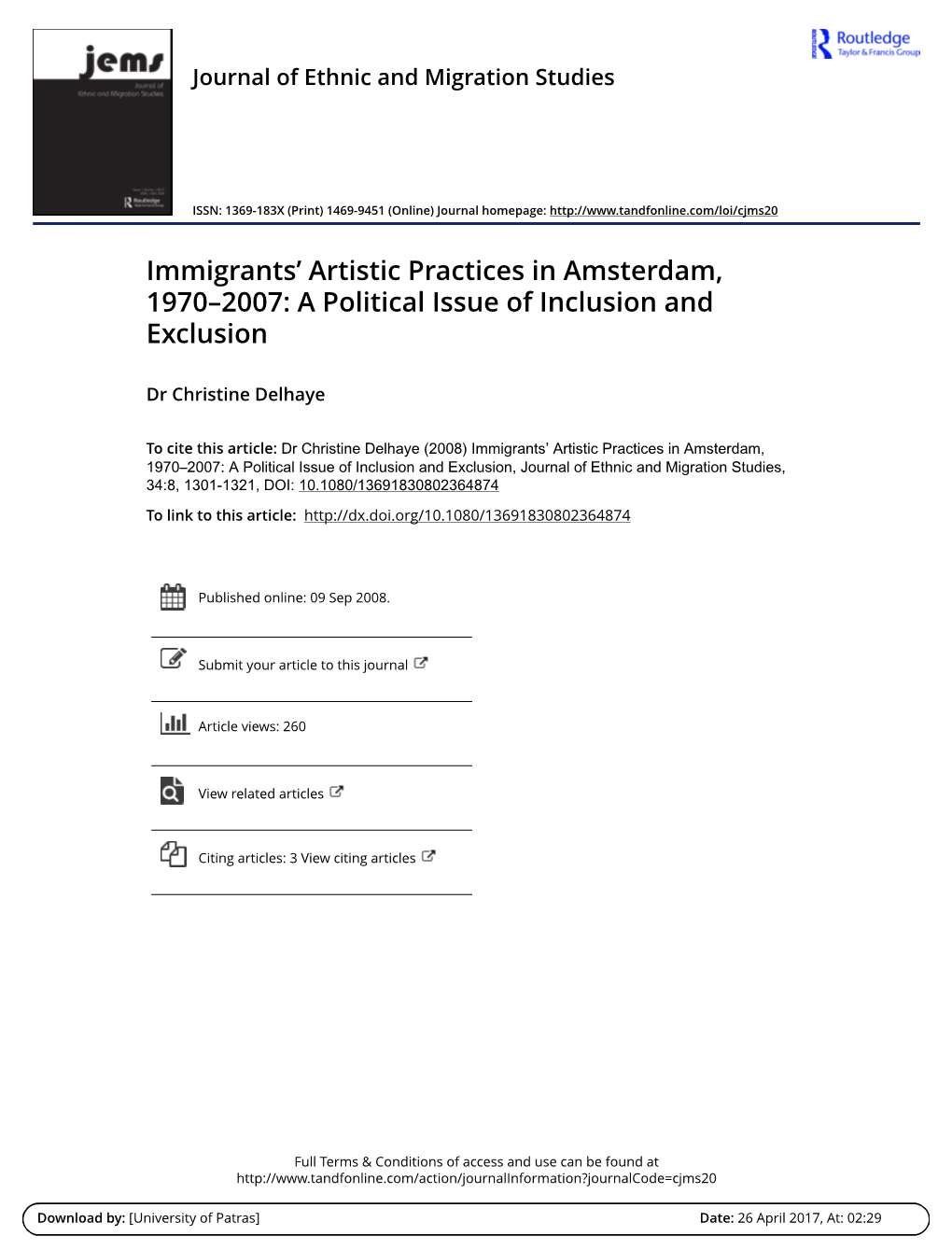 Immigrants' Artistic Practices in Amsterdam, 1970–2007: a Political