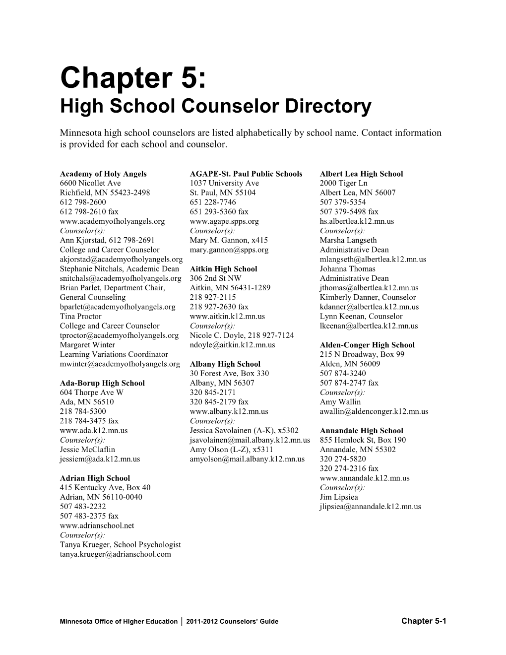 Chapter 5: High School Counselor Directory
