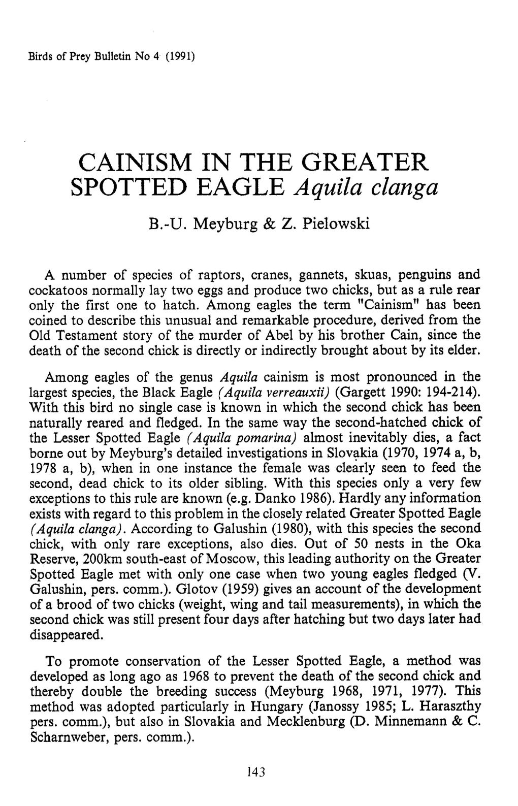 CAINISM in the GREATER SPOTTED EAGLE Aquila Clanga B.-U