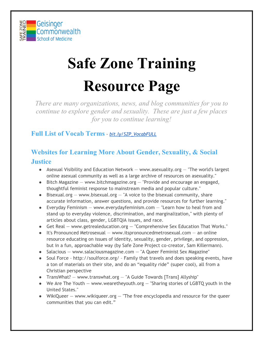 Safe Zone Training Resource Page
