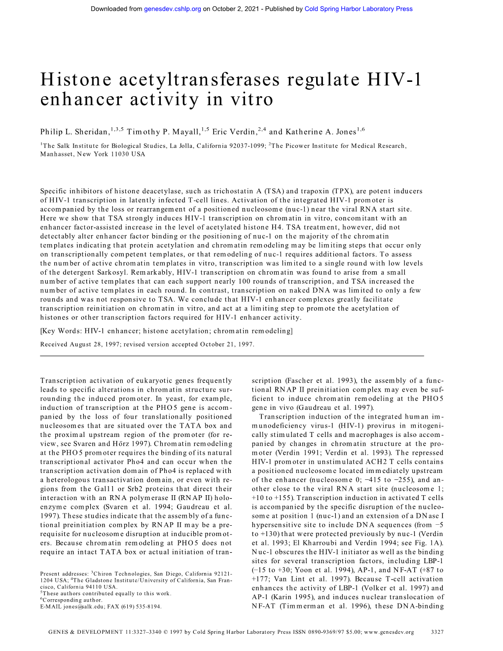 Histone Acetyltransferases Regulate HIV-1 Enhancer Activity in Vitro