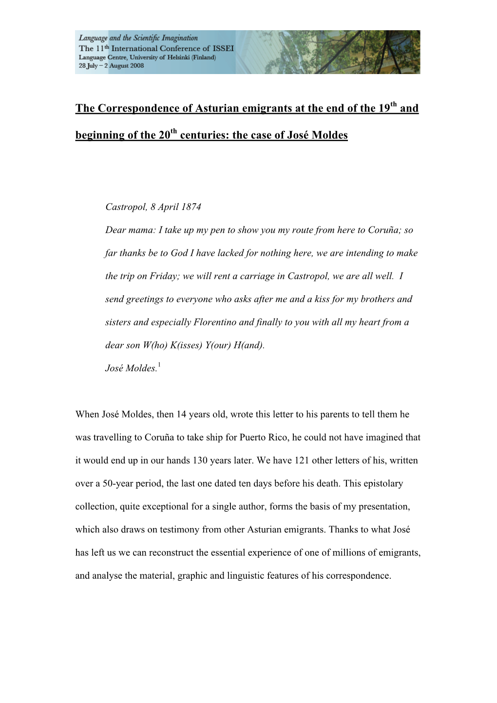 The Correspondence of Asturian Emigrants at the End of the 19Th and Beginning of the 20Th Centuries: the Case of José Moldes