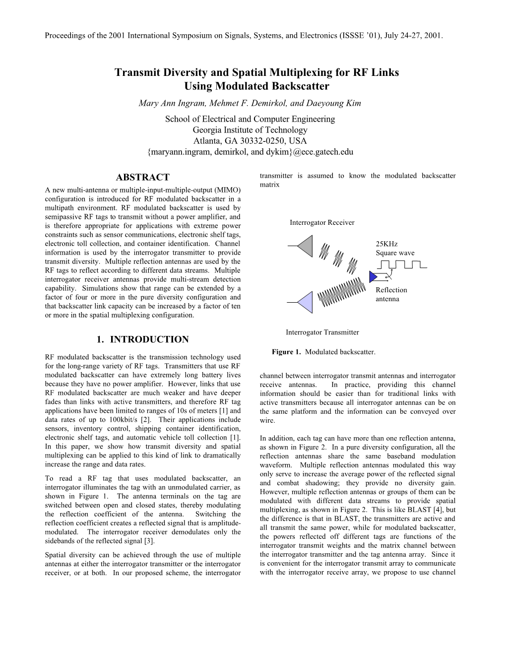 Transmit Diversity and Spatial Multiplexing for RF Links Using Modulated Backscatter Mary Ann Ingram, Mehmet F