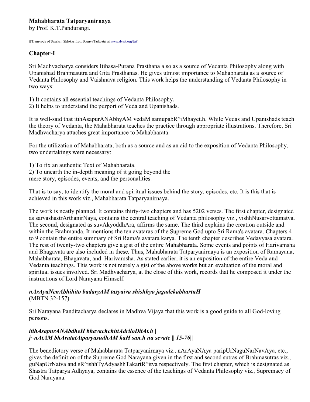 Mahabharata Tatparyanirnaya by Prof. K.T.Pandurangi. Chapter-I