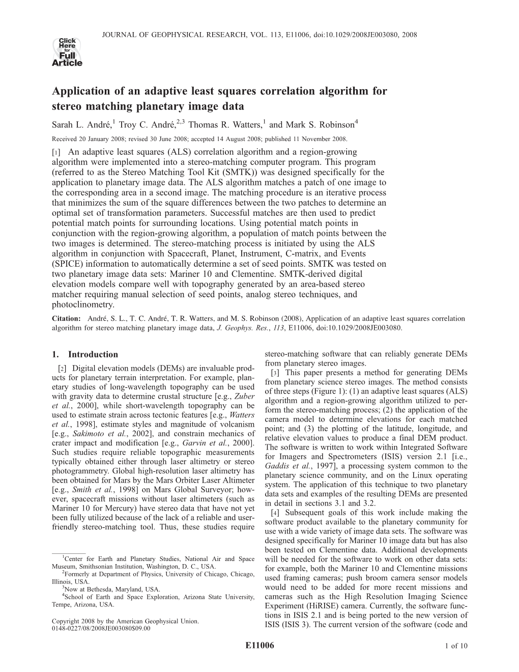 Application of an Adaptive Least Squares Correlation Algorithm for Stereo Matching Planetary Image Data Sarah L