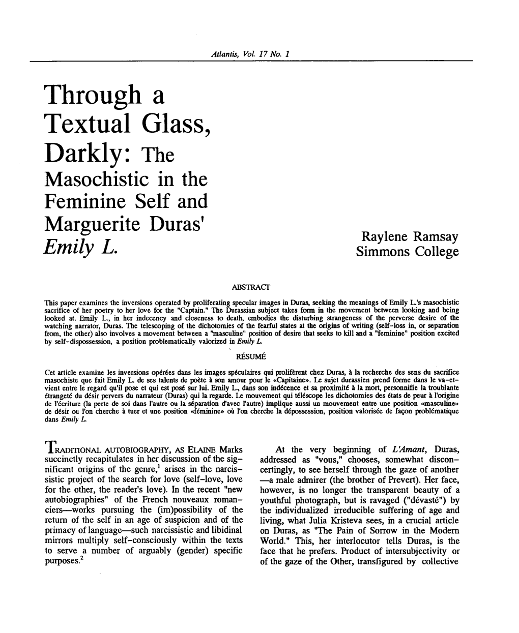 Through a Textual Glass, Darkly: the Masochistic in the Feminine Self and Marguerite Duras' Raylene Ramsay Simmons College