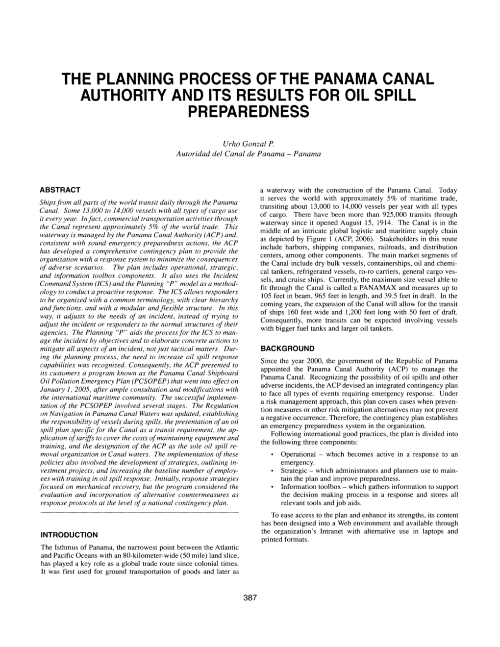 The Planning Process of the Panama Canal Authority and Its Results for Oil Spill Preparedness